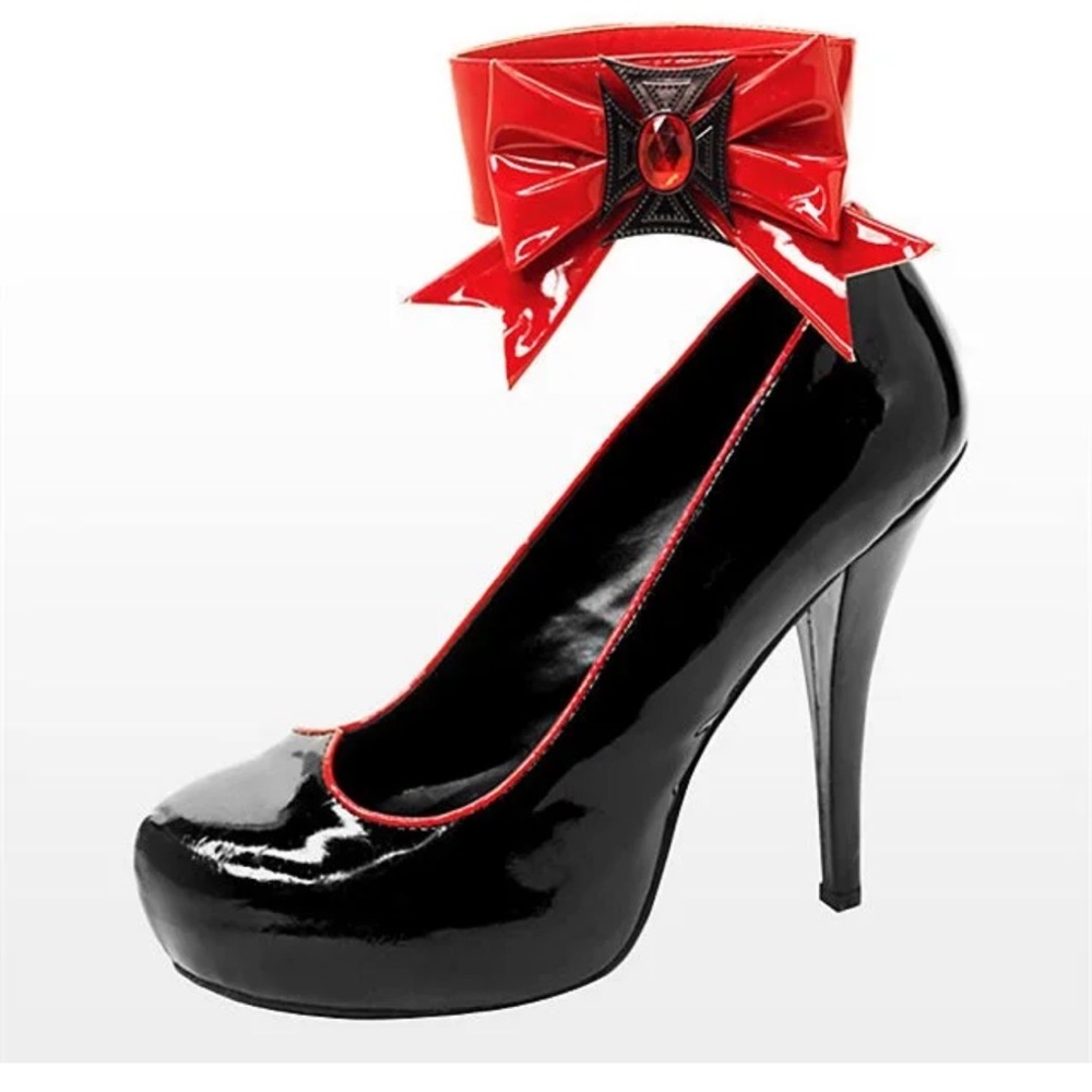 Leg Avenue Vampire Black Patent Leather Ankle Strap Heels Bow Platform Pumps 8